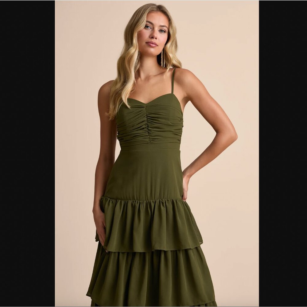 Lulus Gorgeous Influence Olive Green Tiered Maxi Dress